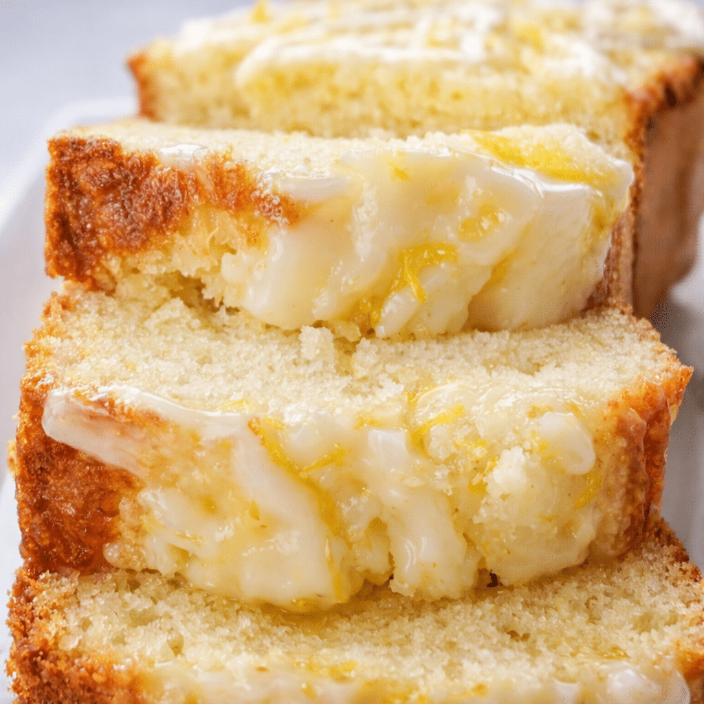 Slice of lemon cream cheese loaf showing moist texture and creamy crumb
