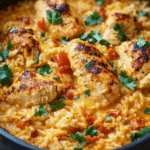 Creamy queso chicken and rice made in one pot with tender chicken and Tex-Mex flavors