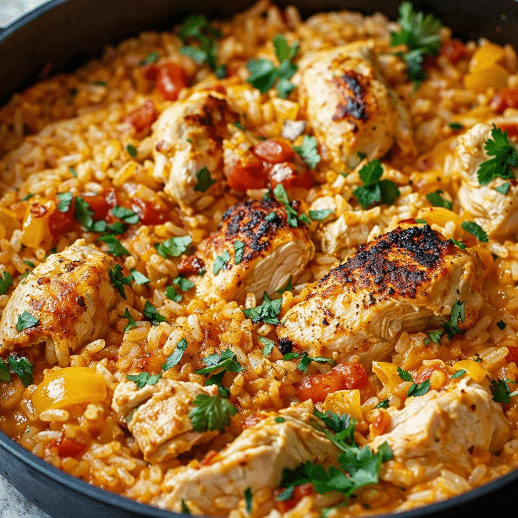 Easy One Pot Queso Chicken and Rice served in a skillet with melted cheese and fresh cilantro