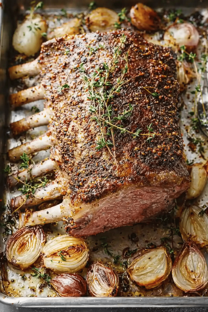 Garlic roasted rack of lamb with butter sauce and fresh herbs on a serving plate