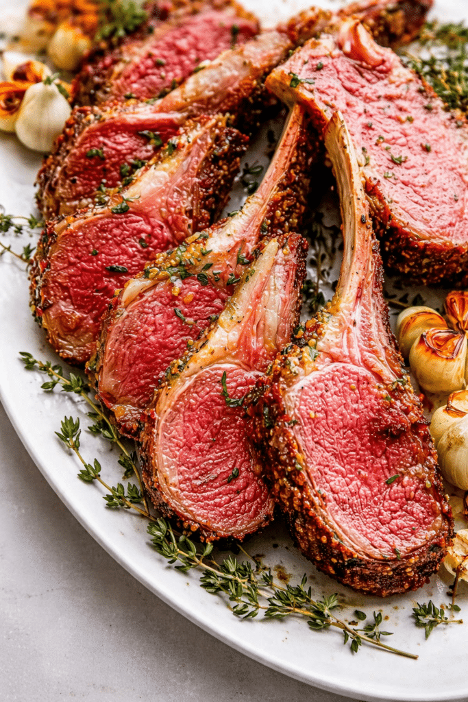 Oven roasted garlic rack of lamb sliced into chops with roasted garlic cloves