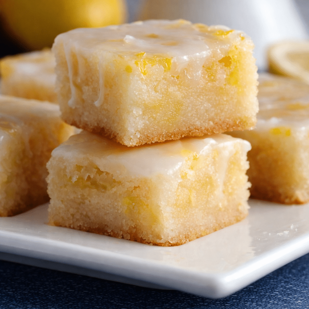 Homemade soft lemon blondie dessert bars topped with sweet lemon icing