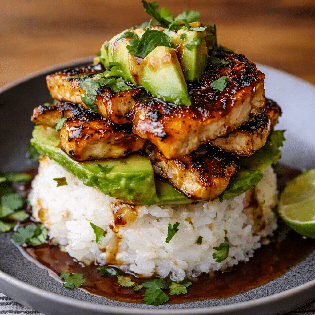 Fresh Honey Lime Chicken with sweet tangy glaze on avocado rice bowl.