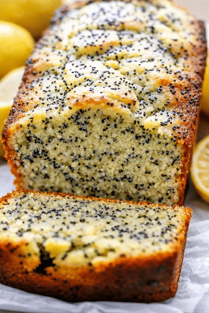Moist lemon poppy seed bread loaf sliced on a wooden board with fresh lemon slices and poppy seeds.