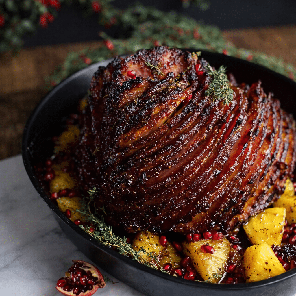 Chipotle Pineapple Jerk Glazed Ham with caramelized pineapple glaze and smoky spices