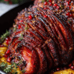 Sliced Chipotle Pineapple Jerk Glazed Ham topped with sweet pineapple chipotle sauce