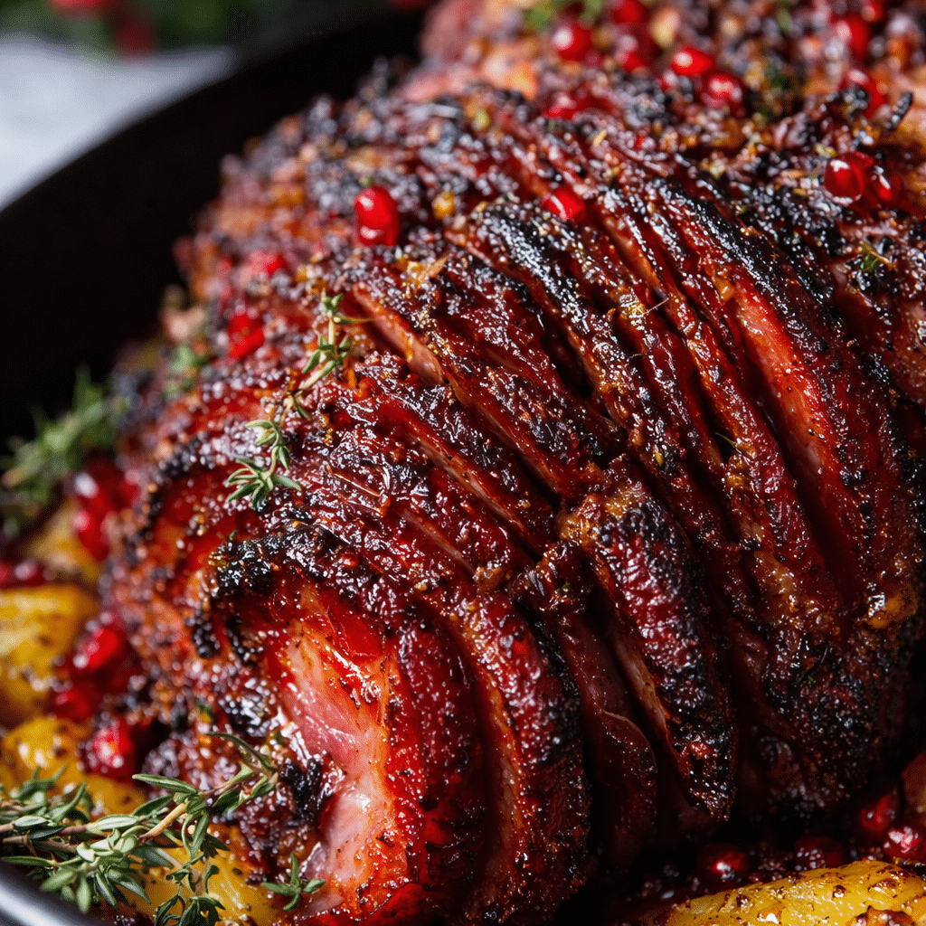 Sliced Chipotle Pineapple Jerk Glazed Ham topped with sweet pineapple chipotle sauce