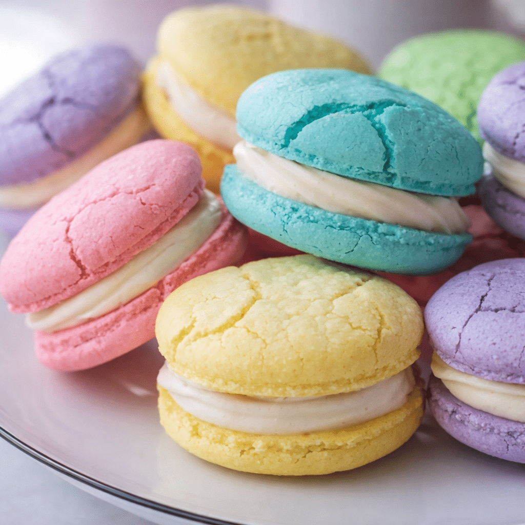 Pastel sugar cookie sandwiches with vanilla buttercream filling on a spring dessert plate