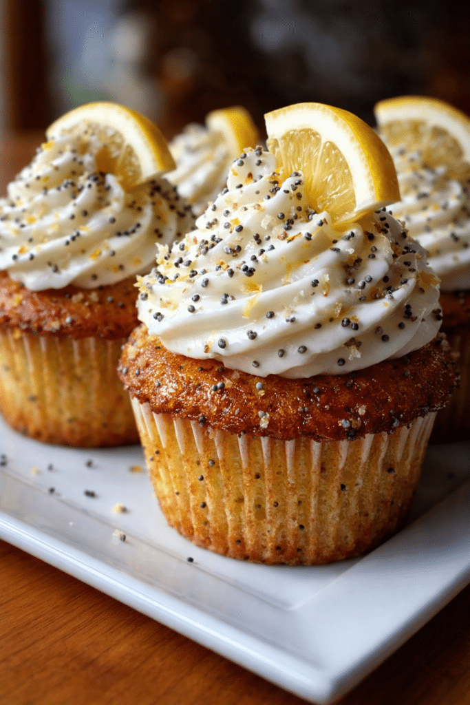 Lemon poppy seed cupcakes with creamy lemon frosting and fresh zest topping