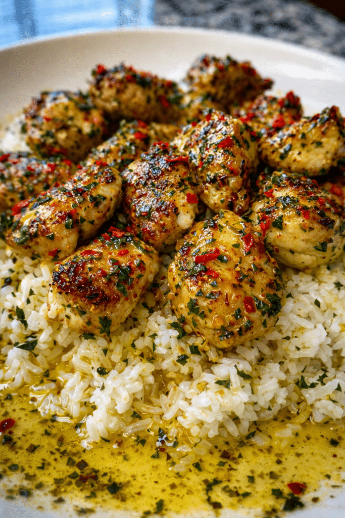 Chicken Scampi with Creamy Garlic Parmesan Rice served in a skillet with garlic butter sauce and fresh parsley