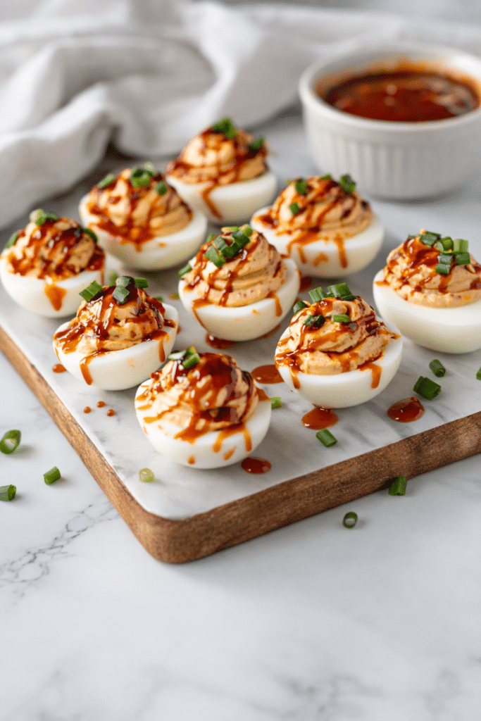 Jalapeno popper deviled eggs topped with cheese and jalapeno slices