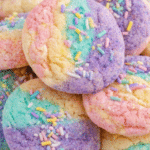 Colorful Unicorn Cookies with rainbow swirl dough and sprinkles on a baking tray