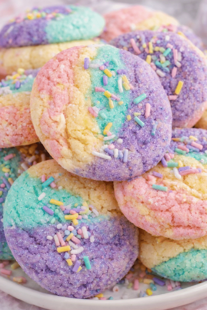 Colorful Unicorn Cookies with rainbow swirl dough and sprinkles on a baking tray