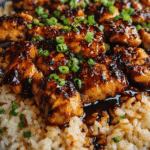 Honey BBQ Chicken Rice served in a skillet with tender chicken, fluffy rice, and vegetables coated in sweet smoky BBQ sauce