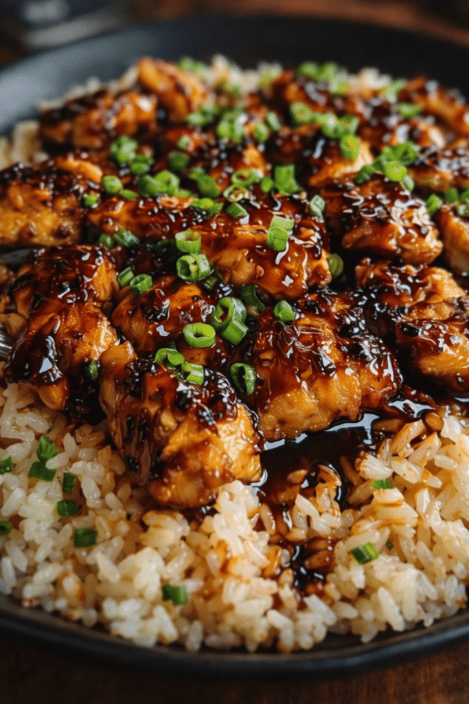 Honey BBQ Chicken Rice served in a skillet with tender chicken, fluffy rice, and vegetables coated in sweet smoky BBQ sauce