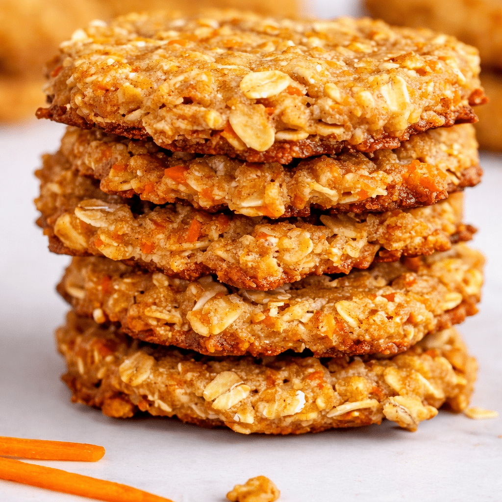 Soft moist 4 ingredient carrot cake cookies stacked on a plate ready to serve