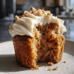 Moist carrot cake muffins with creamy frosting and grated carrots