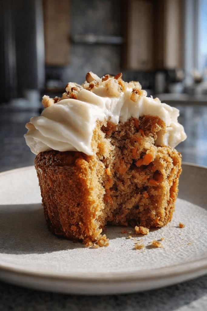 Moist carrot cake muffins with creamy frosting and grated carrots