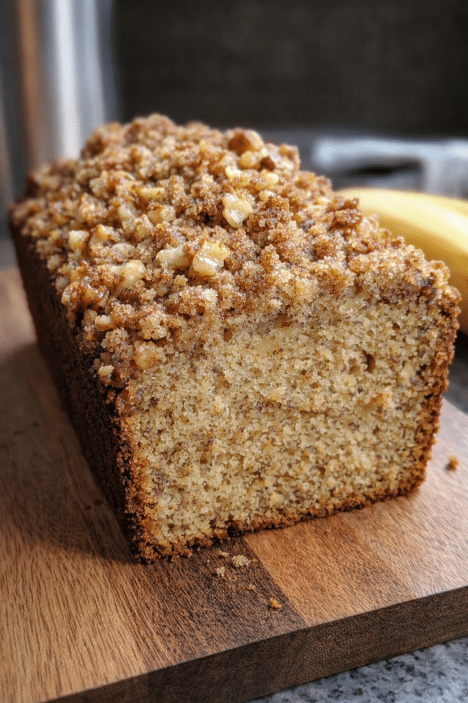 Moist banana bread with crunchy streusel topping sliced on a wooden board