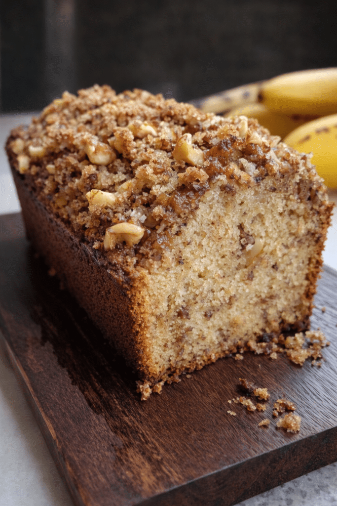Homemade moist banana bread with buttery streusel crumb topping