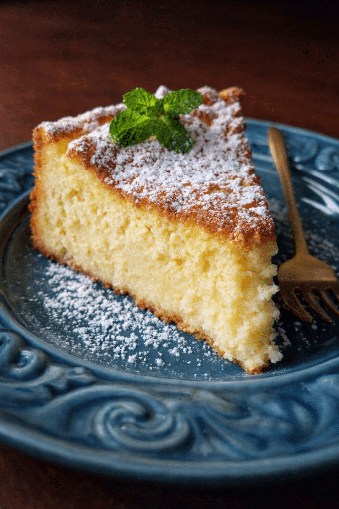 Easy Italian Grandma’s lemon custard cake with powdered sugar and creamy custard layer