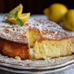 Slice of Italian lemon custard cake showing creamy custard layer and fluffy cake top