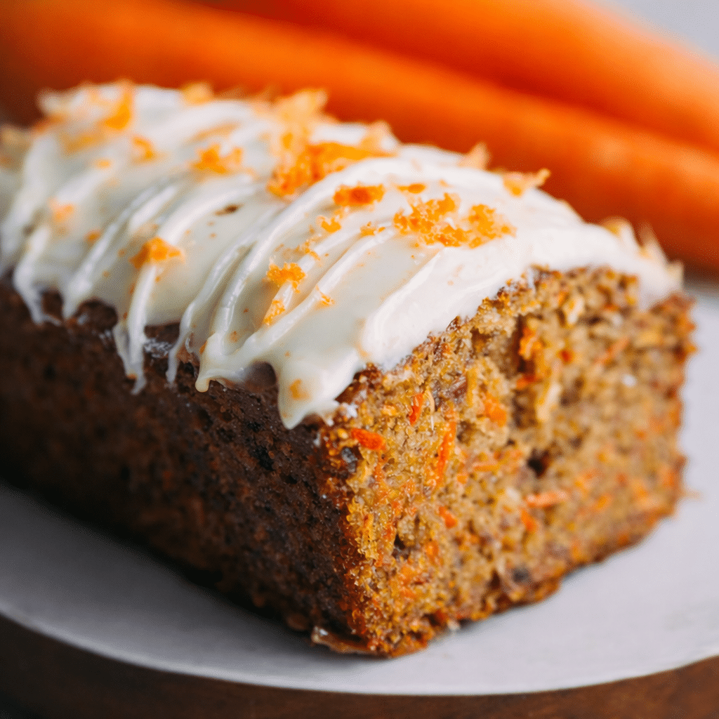 Quick carrot cake banana bread loaf sliced on a wooden board showing moist texture with shredded carrots and ripe bananas.