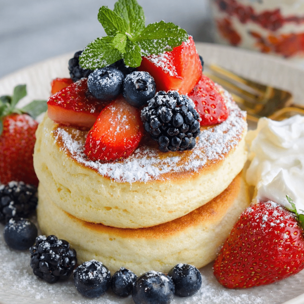 Easy Fluffy Japanese Soufflé Pancakes stacked with berries and powdered sugar