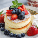 Tall jiggly Japanese soufflé pancakes with whipped cream and maple syrup