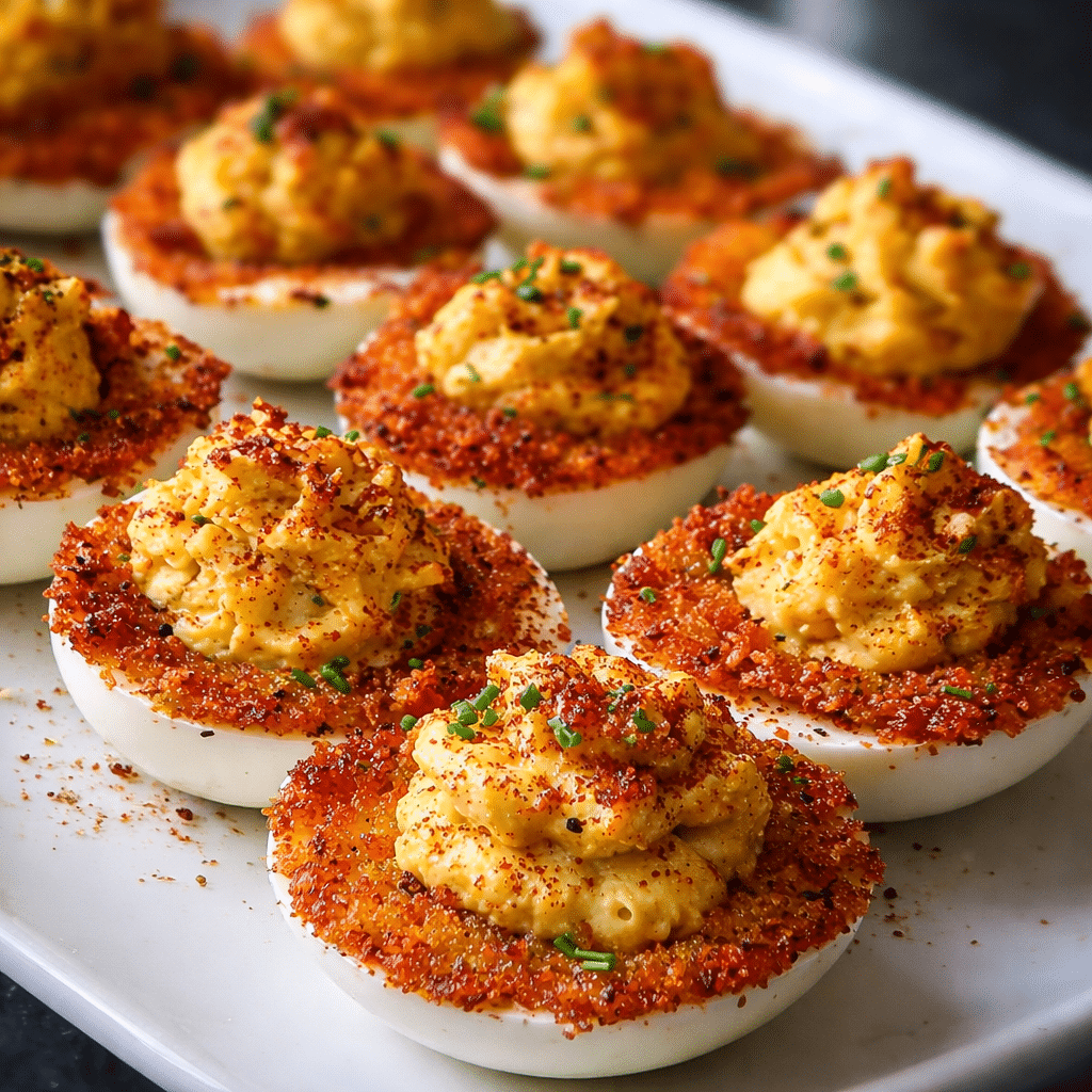 Spicy Bayou Deviled Eggs with crispy Cajun breadcrumb coating served on a platter