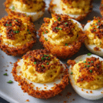 Golden fried Spicy Bayou Deviled Eggs filled with creamy Cajun seasoned yolk