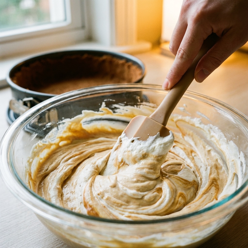 Folding whipped cream into Biscoff cheesecake filling in a glass bowl