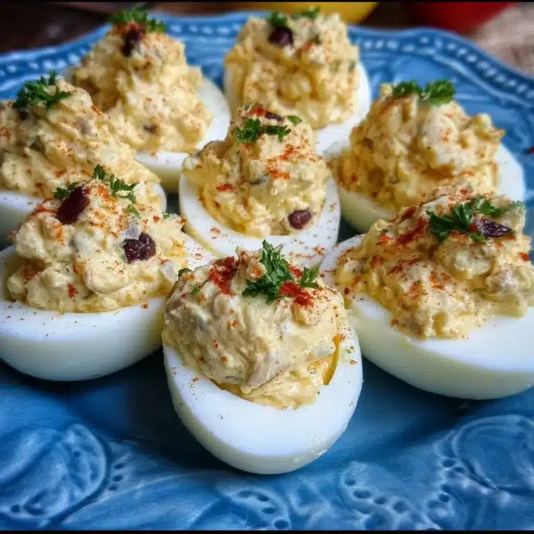 Close-up of chicken salad deviled eggs with creamy chicken filling