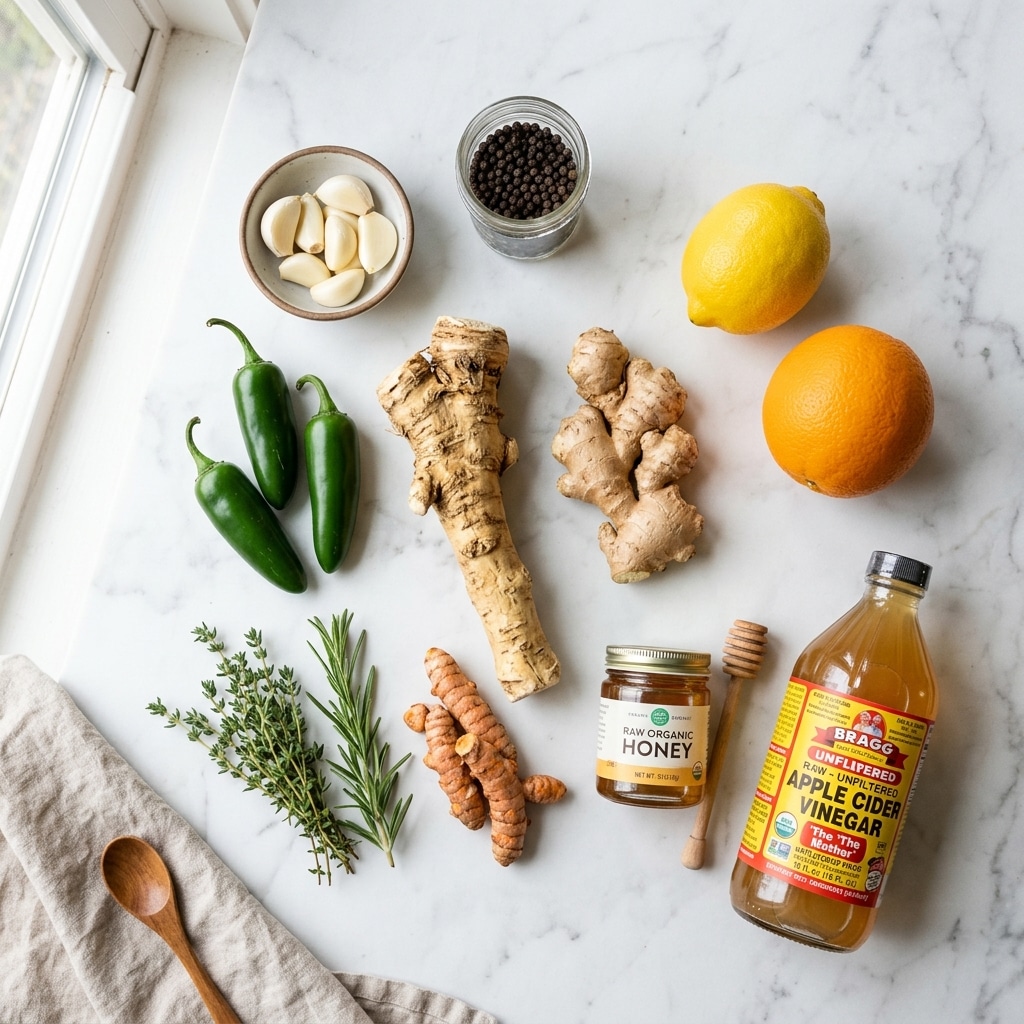 fire cider recipe ingredients including horseradish ginger garlic turmeric and apple cider vinegar