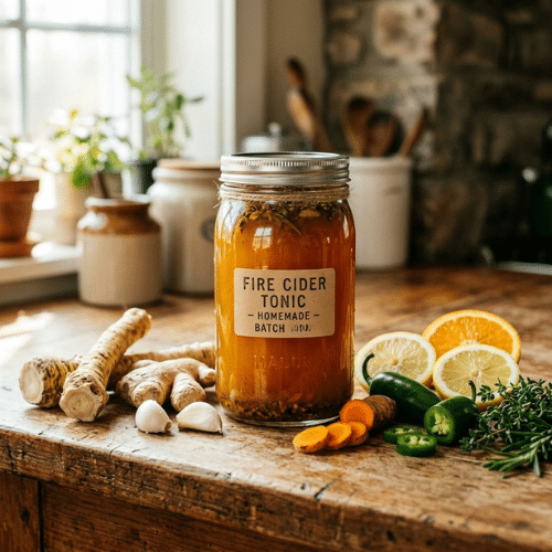 fire cider recipe in a mason jar with fresh ingredients on wooden counter