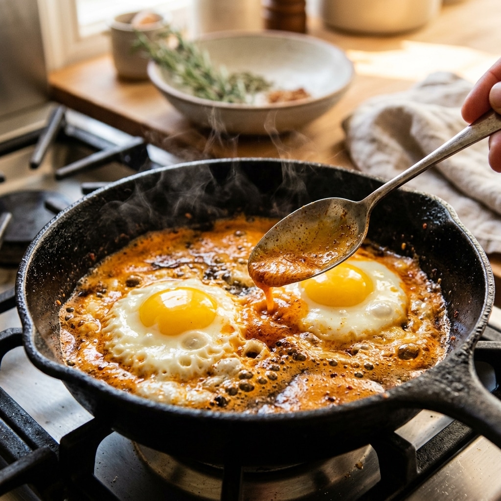 Basting eggs in harissa butter in a cast iron skillet