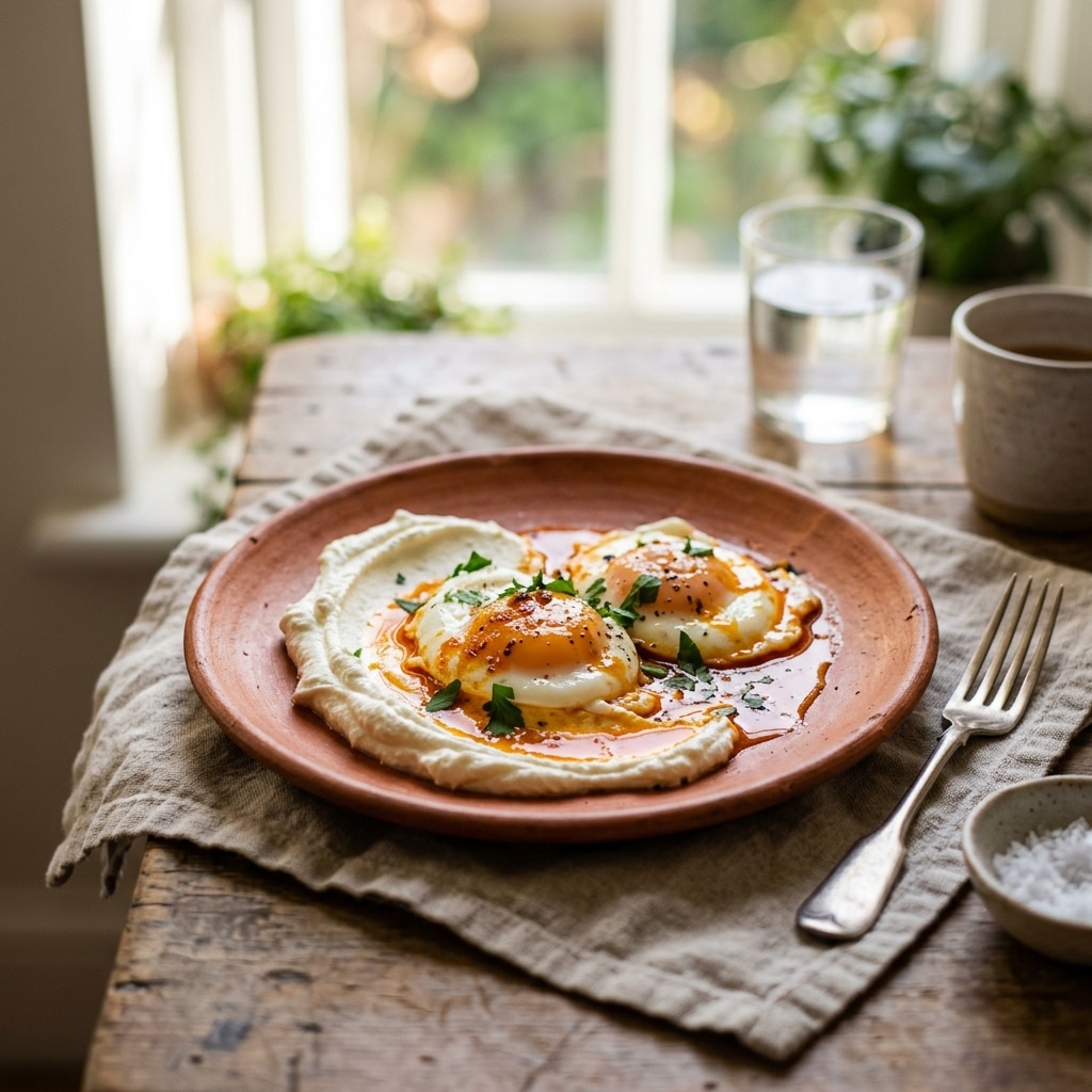 Harissa eggs with whipped goat cheese on a terracotta plate with fresh herbs