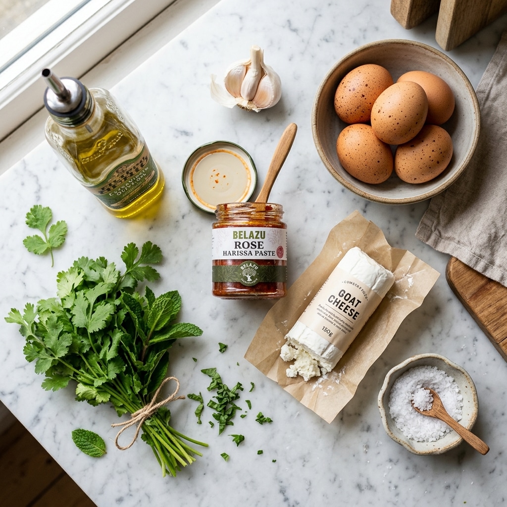 Ingredients for harissa eggs with whipped goat cheese laid out on marble