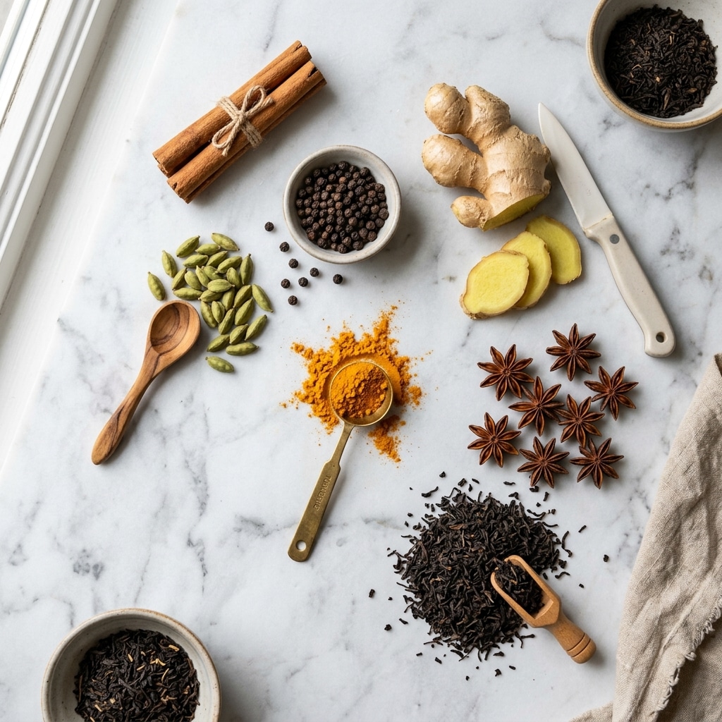 Whole spices for Sanjay Gupta chai tea recipe including cardamom, ginger, cinnamon, and turmeric