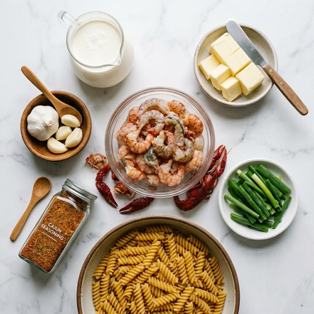 Crawfish Monica ingredients including Louisiana crawfish tails, butter, cream, and Cajun seasoning
