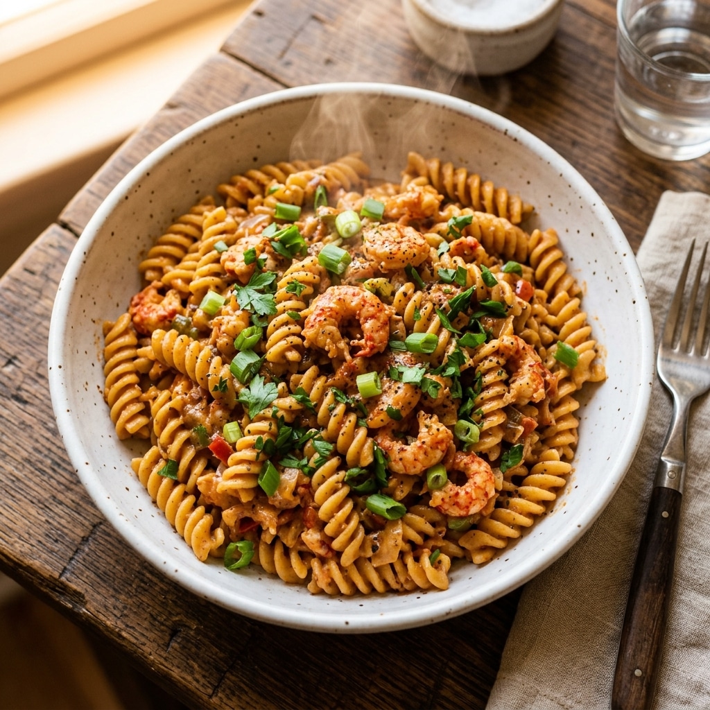 Crawfish Monica recipe in a white bowl with rotini pasta and green onion garnish