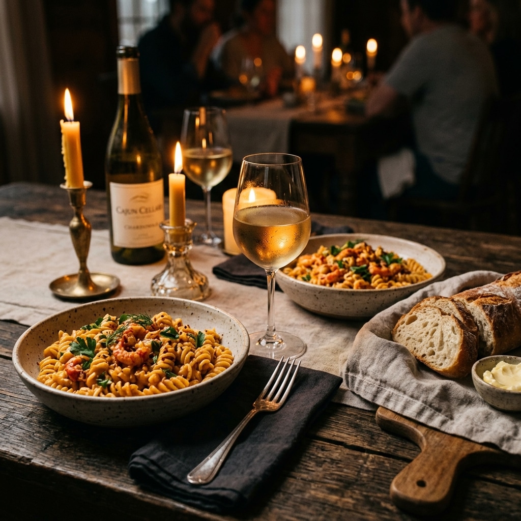 Crawfish Monica served with French bread and white wine for a New Orleans-style dinner