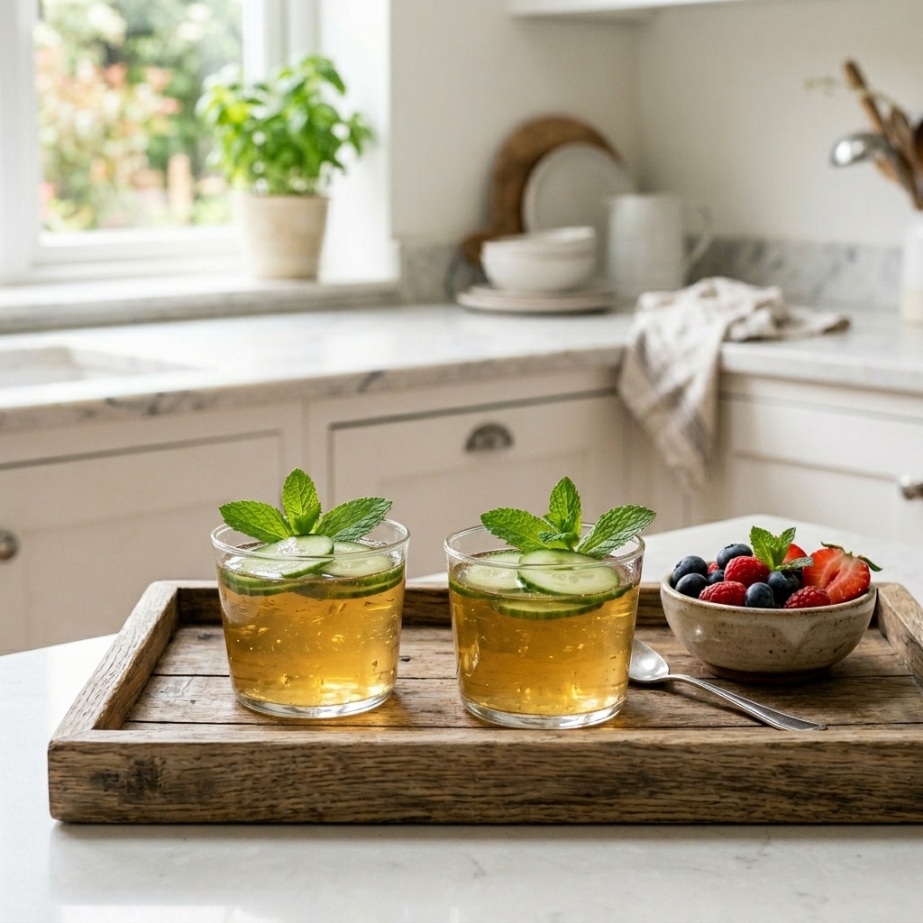 Dr Ashton jello diet recipe served in small cups with cucumber and mint