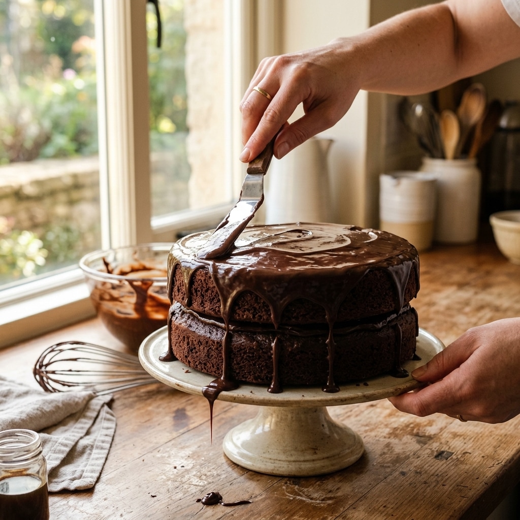 spreading ganache frosting on gluten free chocolate cake without eggs