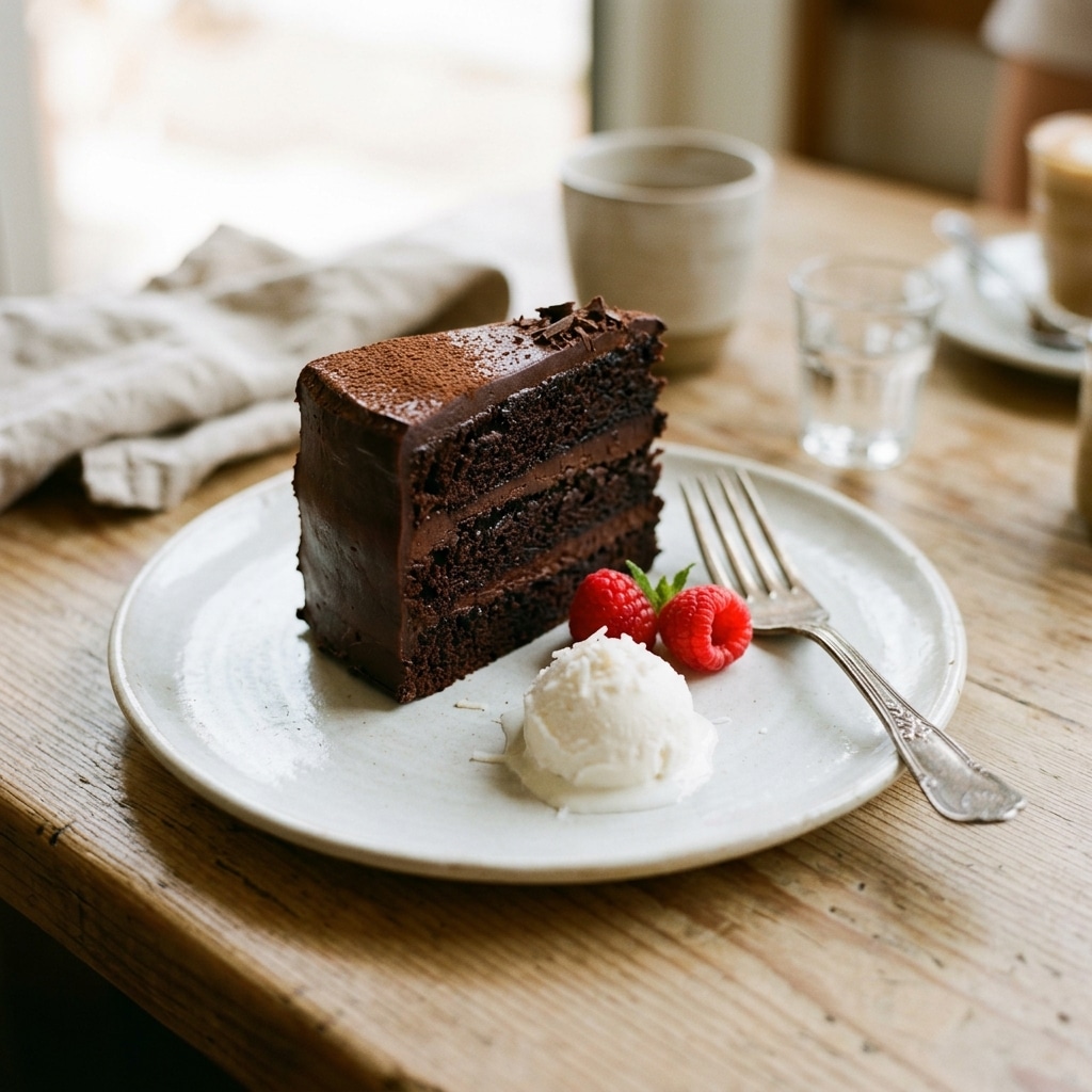 slice of gluten free chocolate cake without eggs served with raspberries and coconut ice cream