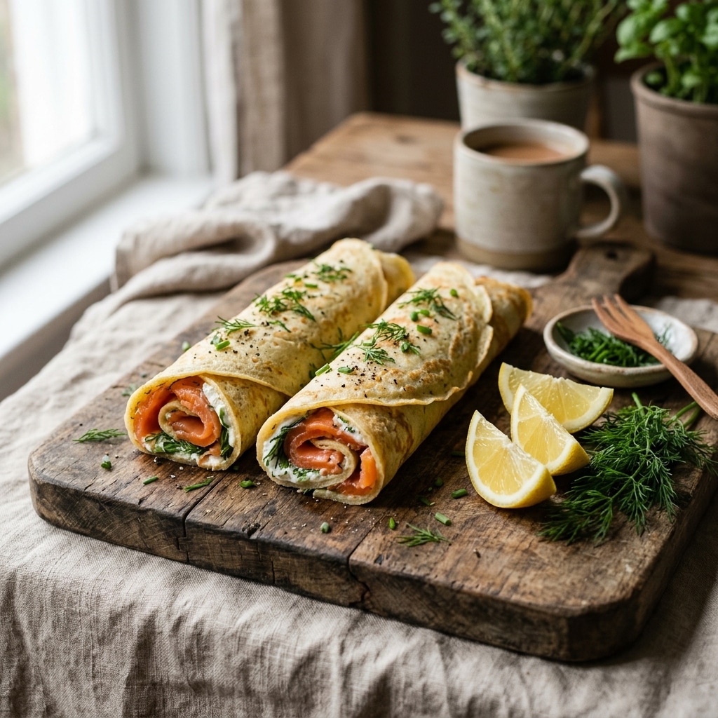 low carb crepes filled with smoked salmon and cream cheese served on a wooden board