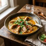 Red curry coconut milk dumplings in a bowl with fresh cilantro and chili