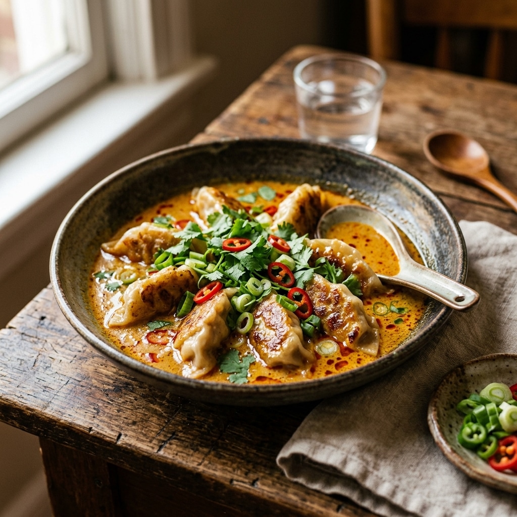 Red curry coconut milk dumplings in a bowl with fresh cilantro and chili