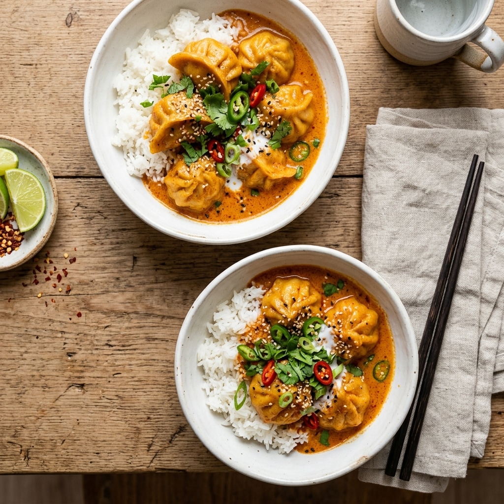 Red curry coconut milk dumplings served over jasmine rice with fresh garnish
