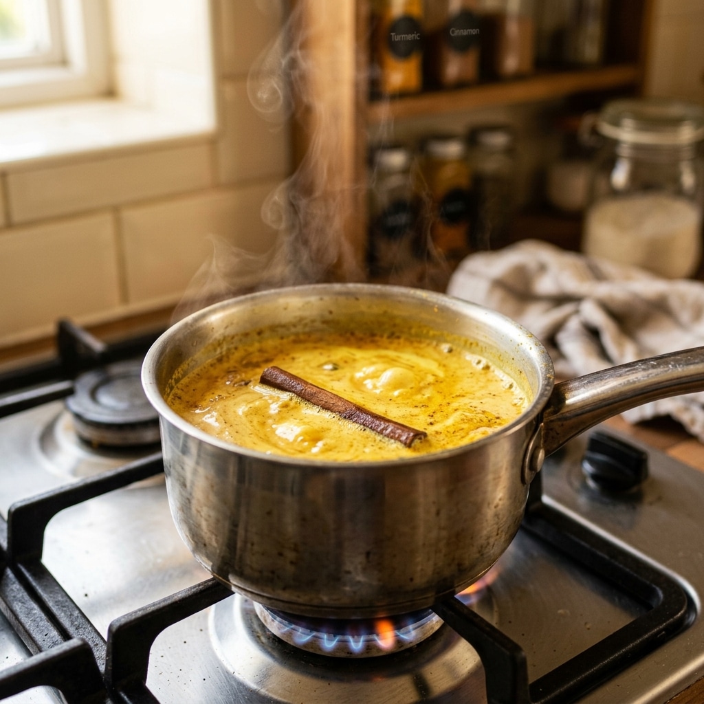 Simmering spiced chai tea on the stovetop with cinnamon and ginger